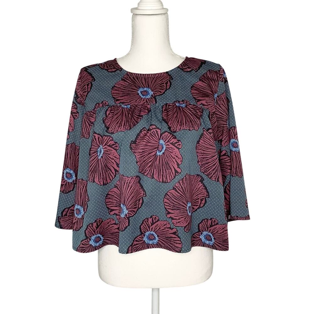 Anthropologie Maeve Blue Burgundy Floral Cropped A-Line Top 3/4 Sleeves 6